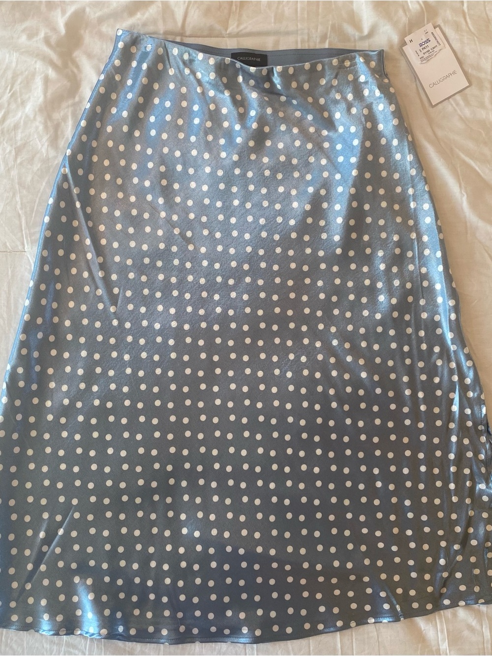 Satin-like Powder Blue Polka Dot Midi Skirt